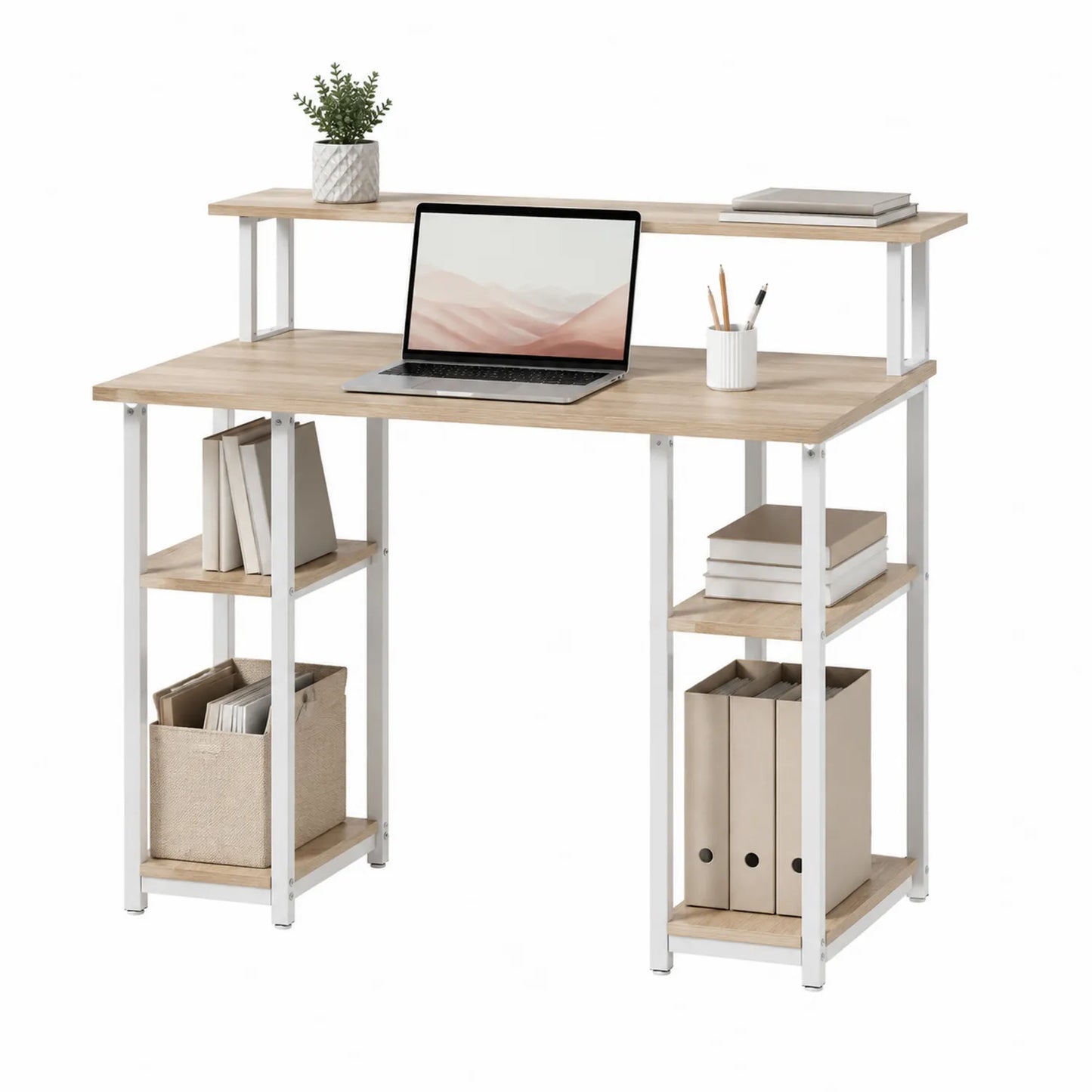 Scrivania in Legno e Metallo con Ripiani Beige e Bianco