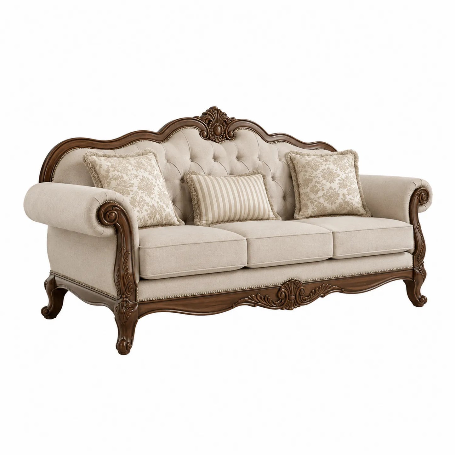 Divano Classico in Tessuto Beige con Struttura in Legno Intagliato