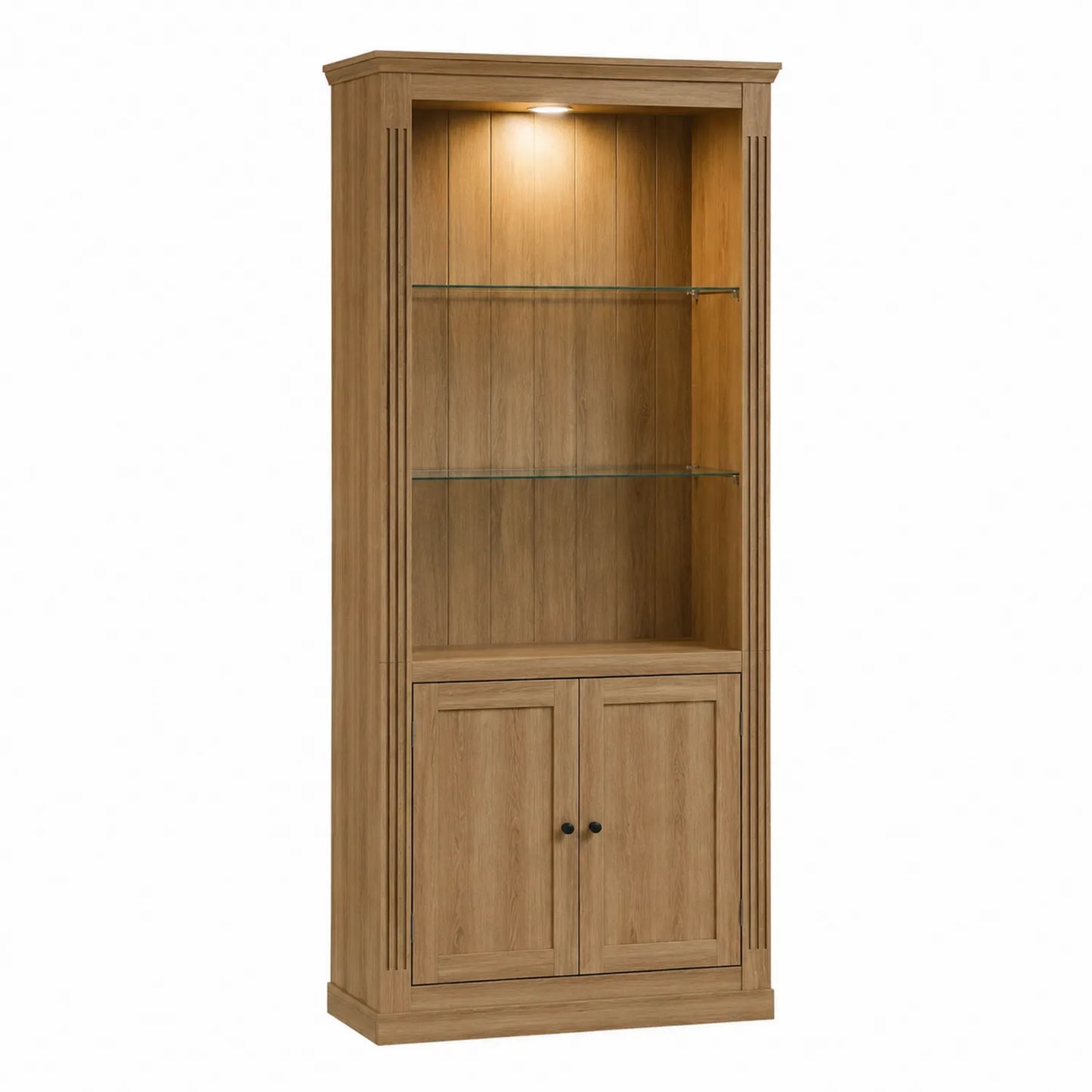 Libreria in legno con mensole in vetro e LED