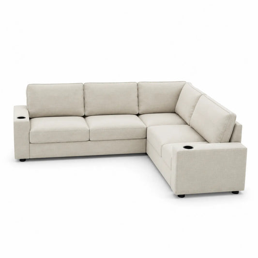 Divano ad angolo in tessuto Beige con portabicchieri