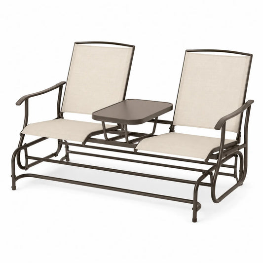 Sedia a Dondolo Doppia in Metallo con Tavolino Beige