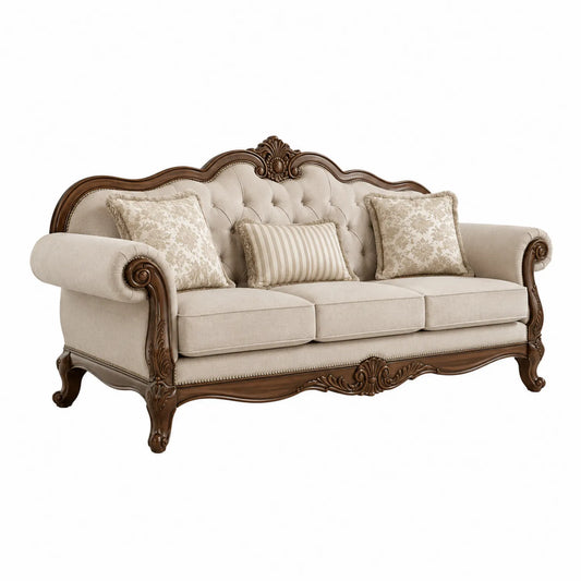 Divano Classico in Tessuto Beige con Struttura in Legno Intagliato