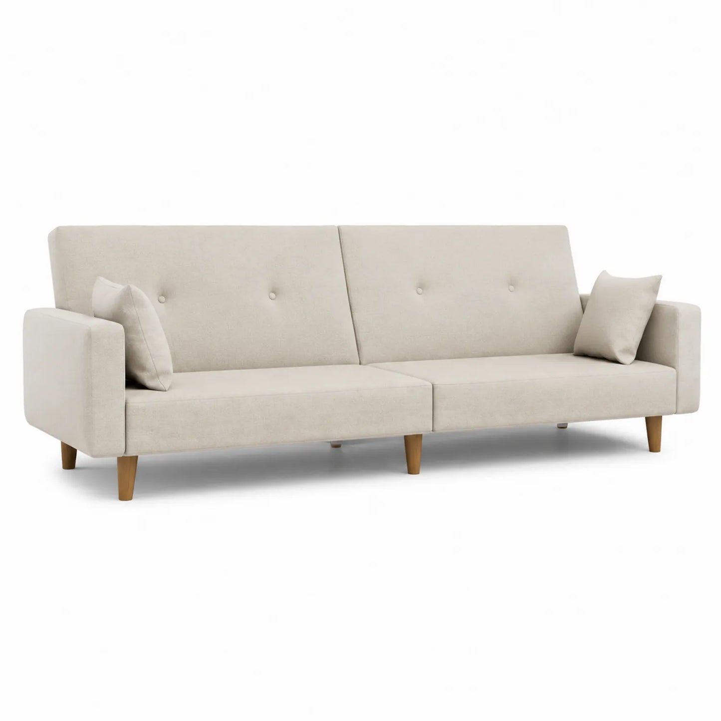 Divano letto in tessuto beige con gambe in legno