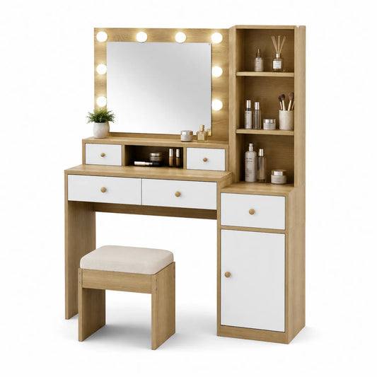 Tavolo da Toeletta in Legno e Bianco con Specchio e Luci LED