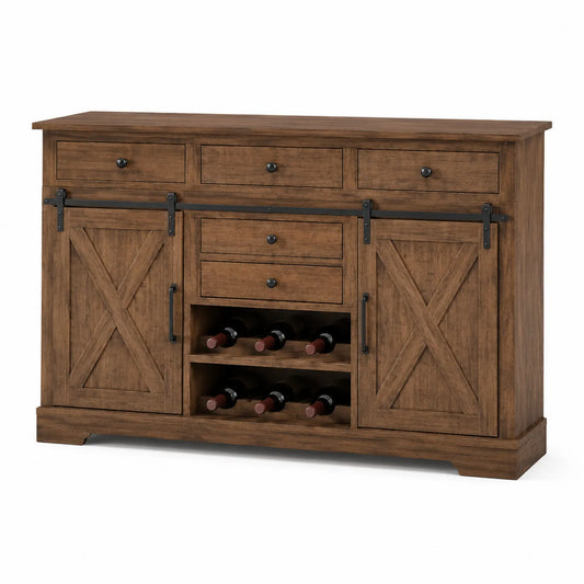 Credenza in Legno Massello con Ripiani per Vino e Cassetti, Marrone