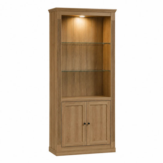 Libreria in legno con mensole in vetro e LED