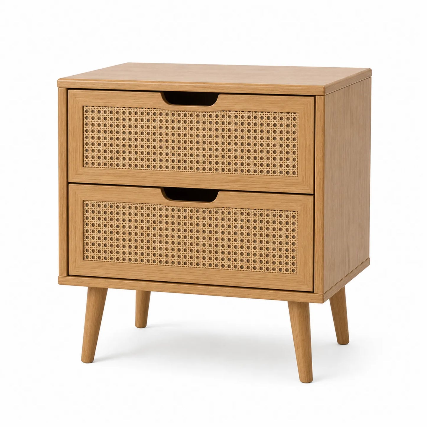 Comodino in Legno di Quercia con Cassetti in Rattan 40x30x55 cm