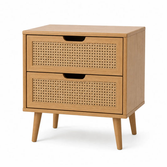 Comodino in Legno di Quercia con Cassetti in Rattan 40x30x55 cm