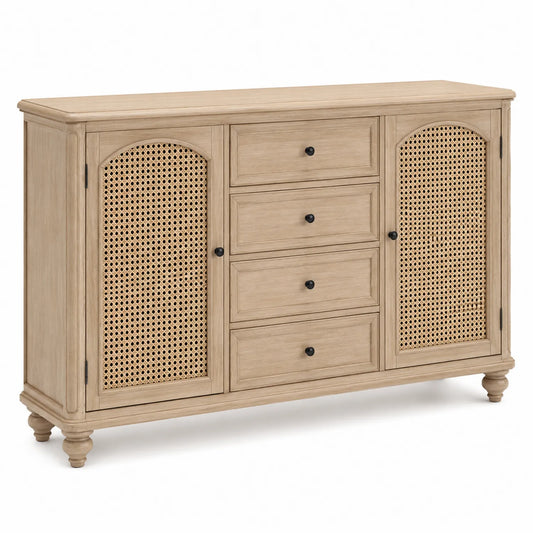 Credenza in Legno con Ante in Rattan e Cassetti