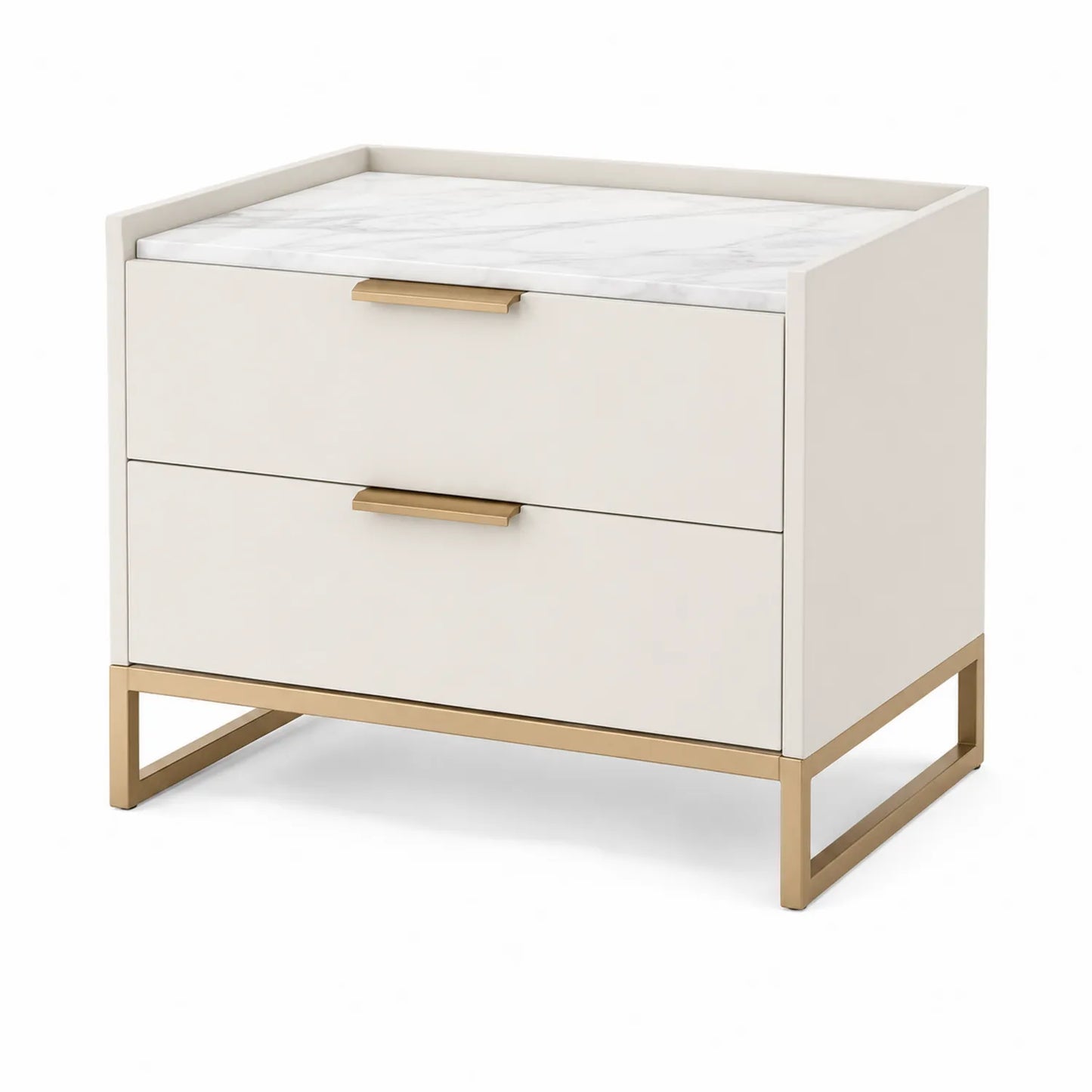 Comodino a due cassetti in MDF con piano in marmo e base in metallo dorato