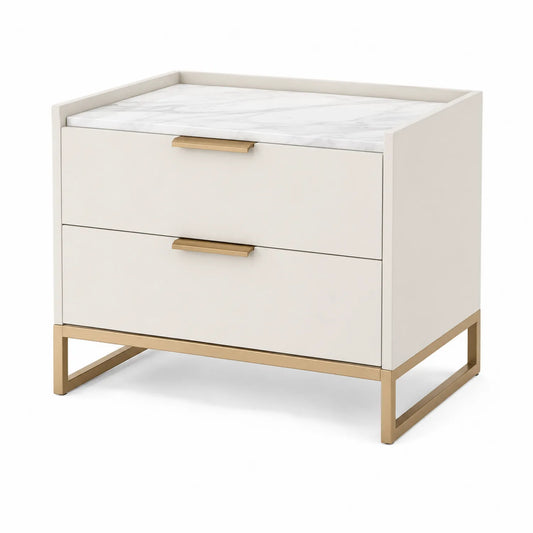 Comodino a due cassetti in MDF con piano in marmo e base in metallo dorato